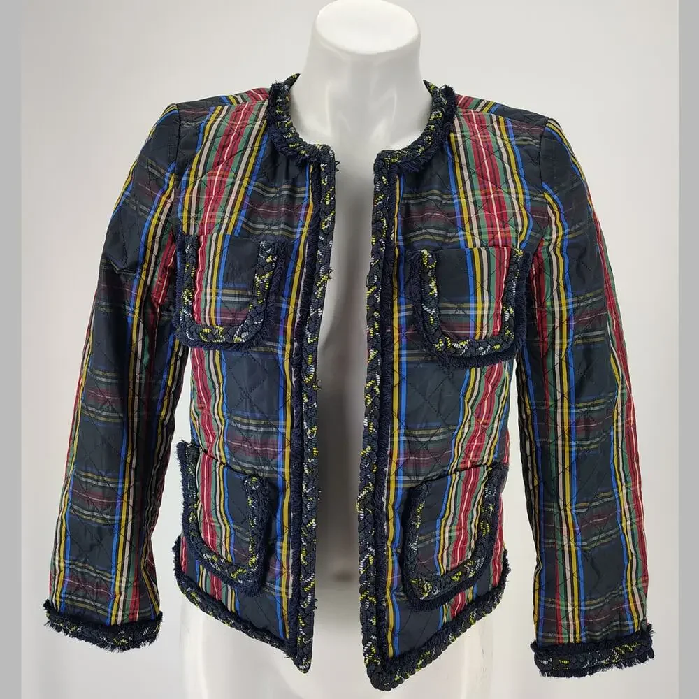 J.Crew Quilted Lady Jacket Stewart Plaid Braided Trim Collarless Size 2